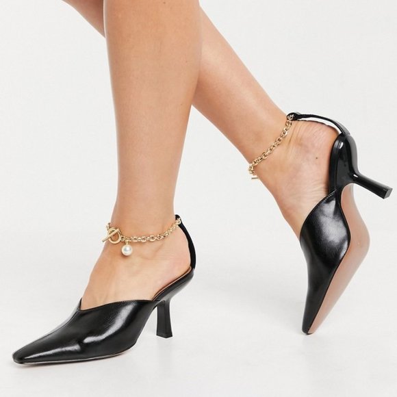 ASOS DESIGN “Seren” Ankle Chain Black Mid Pump Heels - Picture 1 of 9